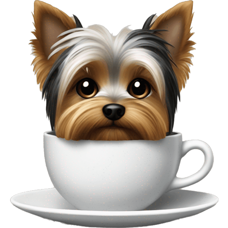 black and white yorkie sitting at a table drinking coffee  emoji