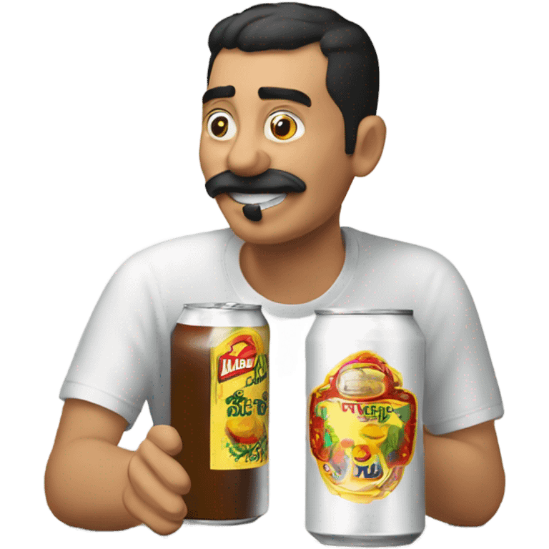 Mexican drinking from a white can that says miller on it  emoji