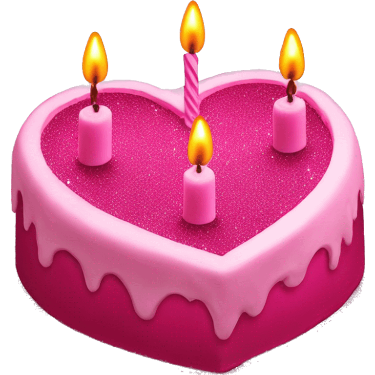 Pink glitter heart shaped cake with candles emoji