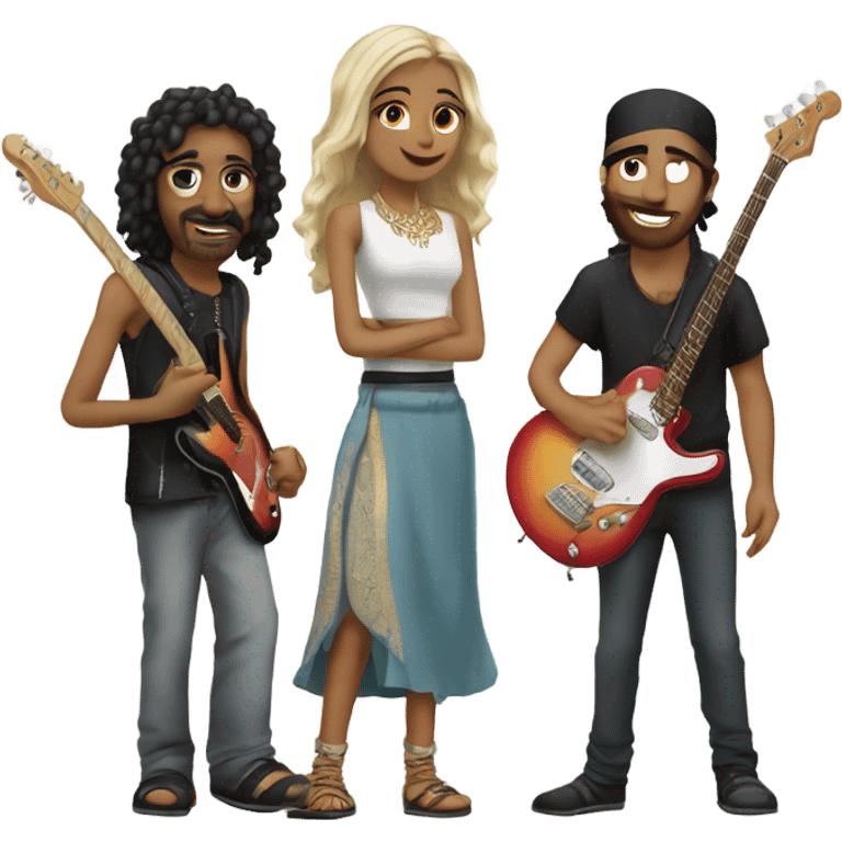 the best band ever, with 3 people. the drummer is white and tall. the guitarist is Moroccan man. the bassist is Indian girl. they’re so happy. swag all around music emoji