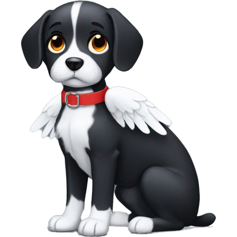 black dog with white patch, big jowls, sad puppy eyes, angel wings, red collar emoji