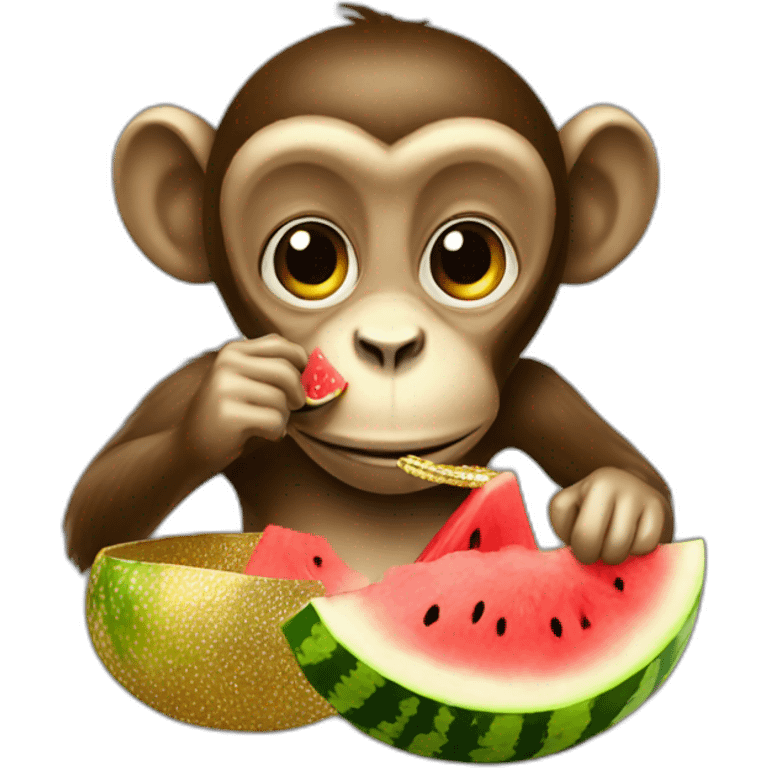 monkey with gold jewellry eating watermelon emoji