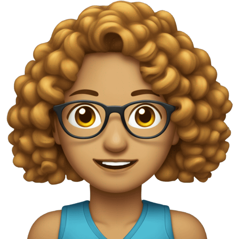 woman dengan kacamata hampir bulat, rambut curly dark ginger, kulit sawo matang baju biru emoji