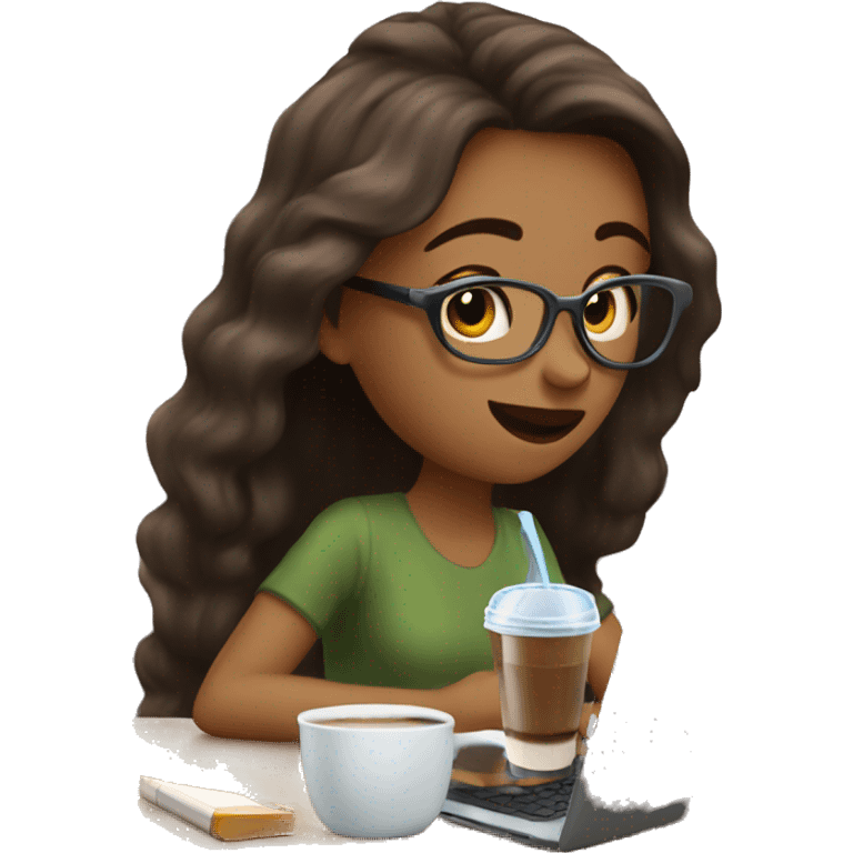 Girl drink ice coffee during study on laptop  emoji