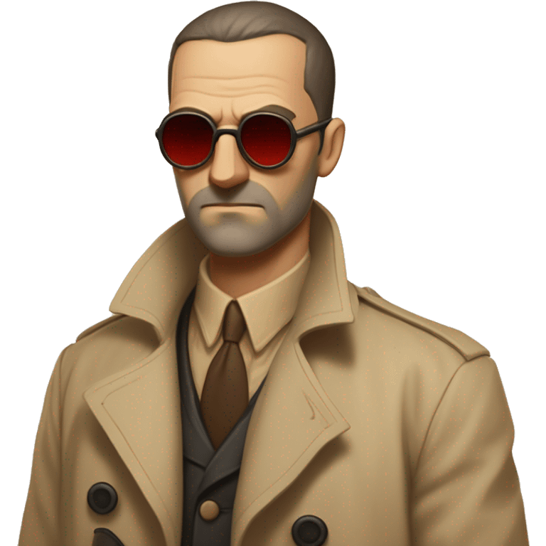 1930s investigator, a Caucasian man with short, buzz cut dark hair and a rough beard, wears tiny red-tinted sunglasses and a dirty beige trench coat. He has a serious demeanor. emoji