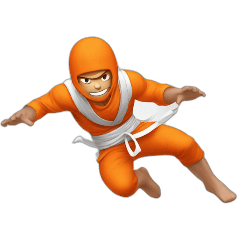 male Ninja Warrior athlete in orange white cloths, captured mid-air emoji