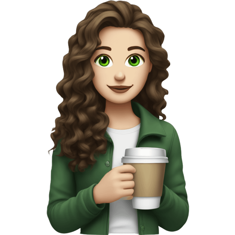 wavy hair brunette white girl with coffee with green eyes emoji