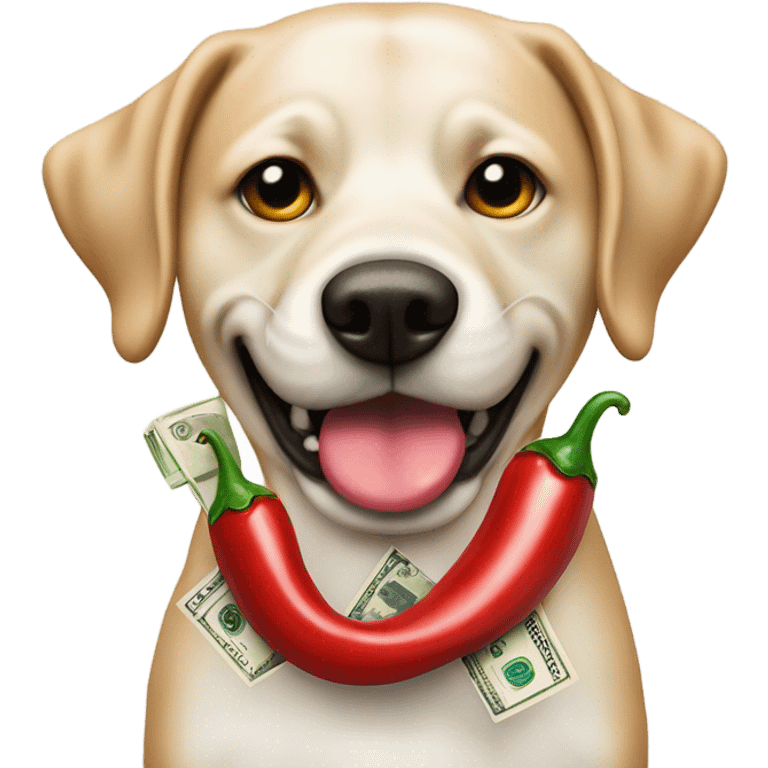 Dog with chili pepper necklace and cash in his mouth and money bags for eyes  emoji