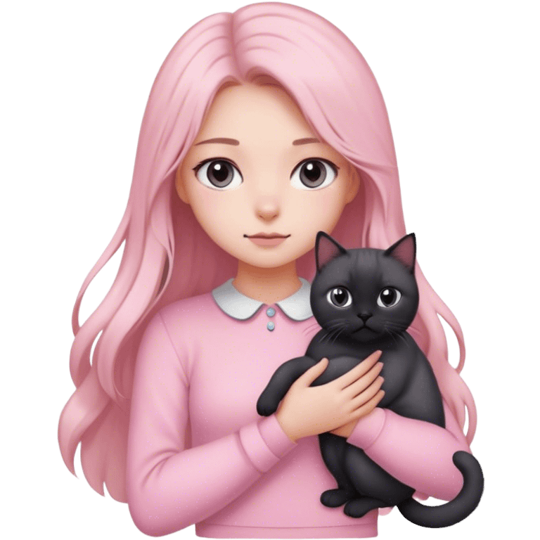 
girl with light long hair, grey eyes and fair skin in pink pastel clothes holds a black British cat in her arms emoji