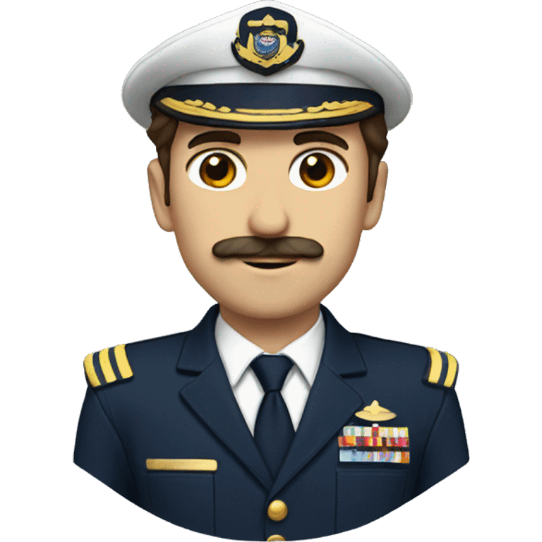 pilot with brown hair and mustache with navy and gold uniform emoji