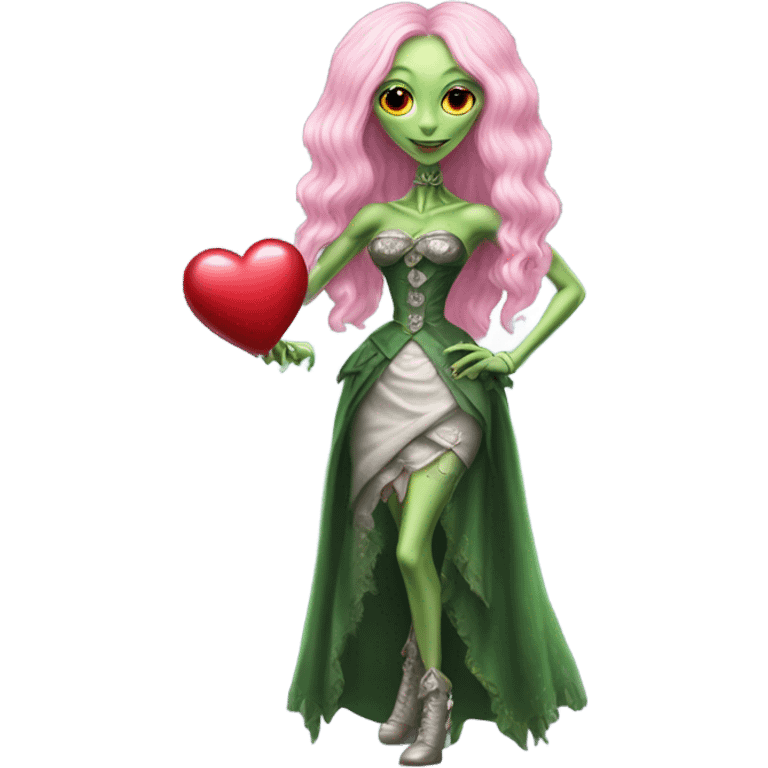 a green alien woman in Victorian white gold, pink hair,holdig, red big hearth, full body emoji