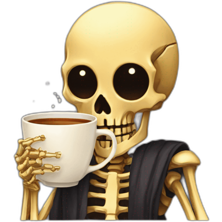 a golden skeleton with hair and golden eyes drinking tea pixel art emoji