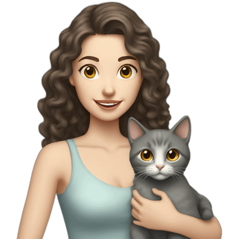 Young brunette pale woman with long curly hair holding a grey happy cat emoji