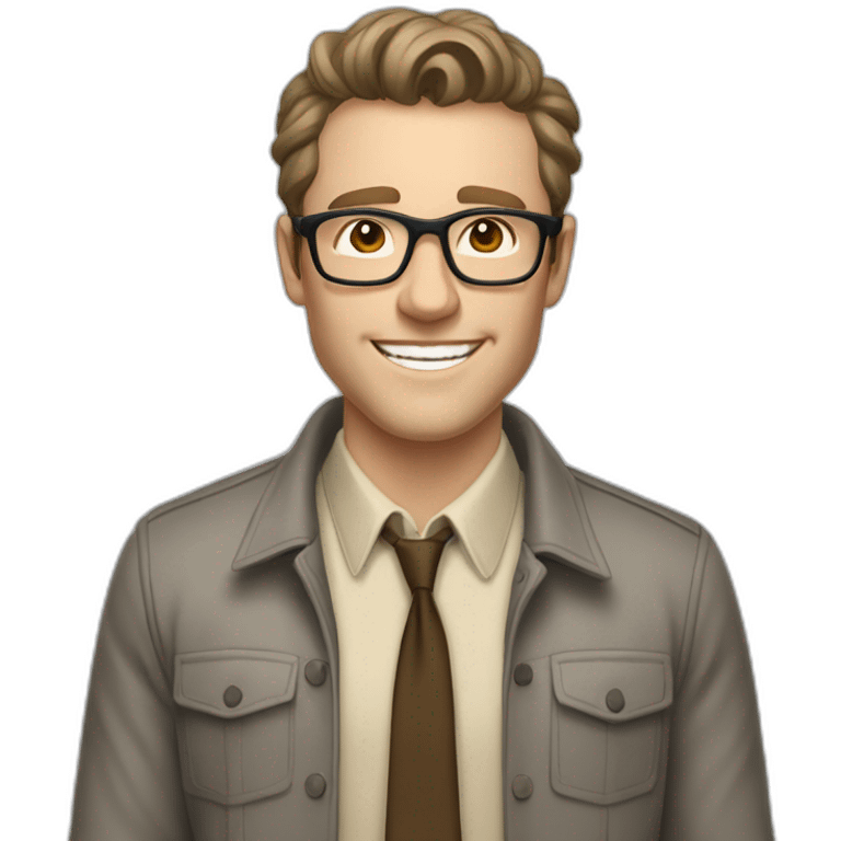 Joyful Pale skinned Fit Man With dark brown hair in gray jacket, beige office shirt, Brown pants and vintage glasses. His thrumbs up emoji