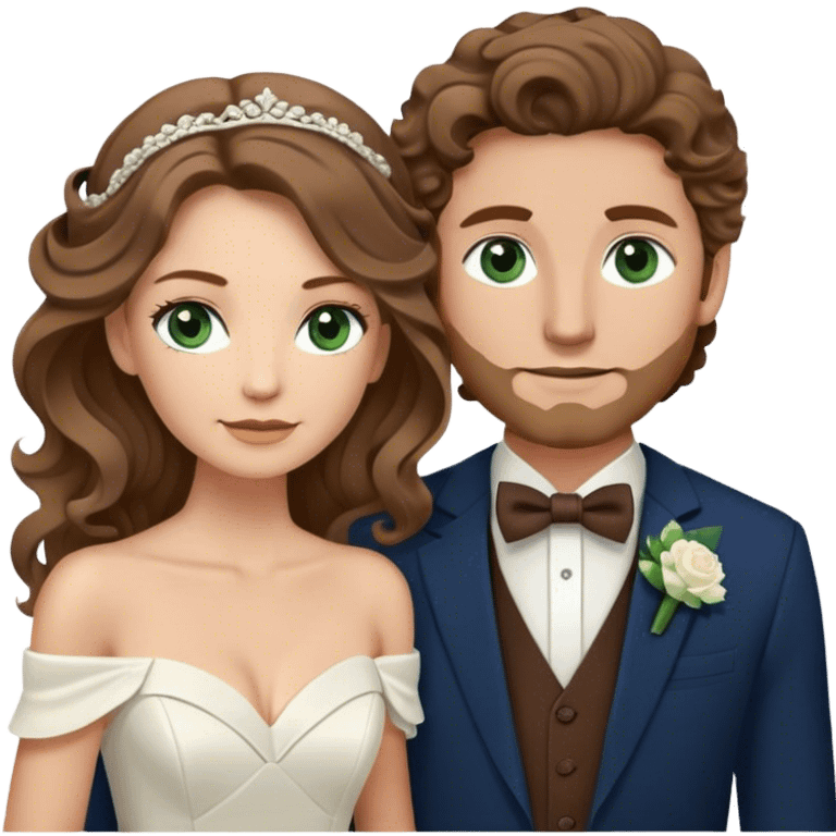 A bride and groom. Bride has brown hair with soft curls, has green eyes, wears an off shoulder dress. Groom has blond hair, dark blue eyes, wears a brown suit with a brown vest and a bolo tie. emoji