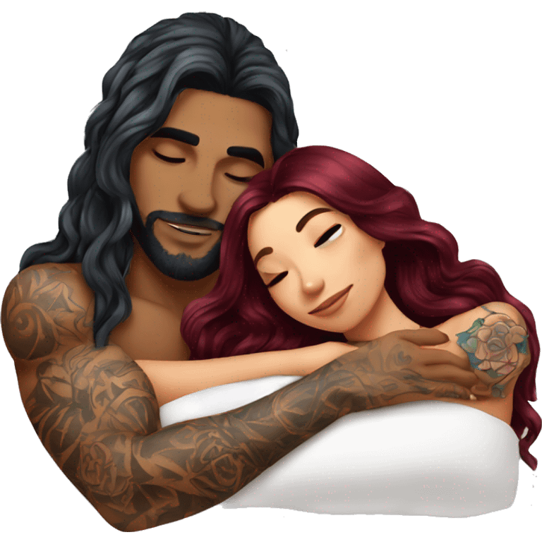 Beautiful tattooed burgundy long haired woman laying on the boyfriends chest emoji