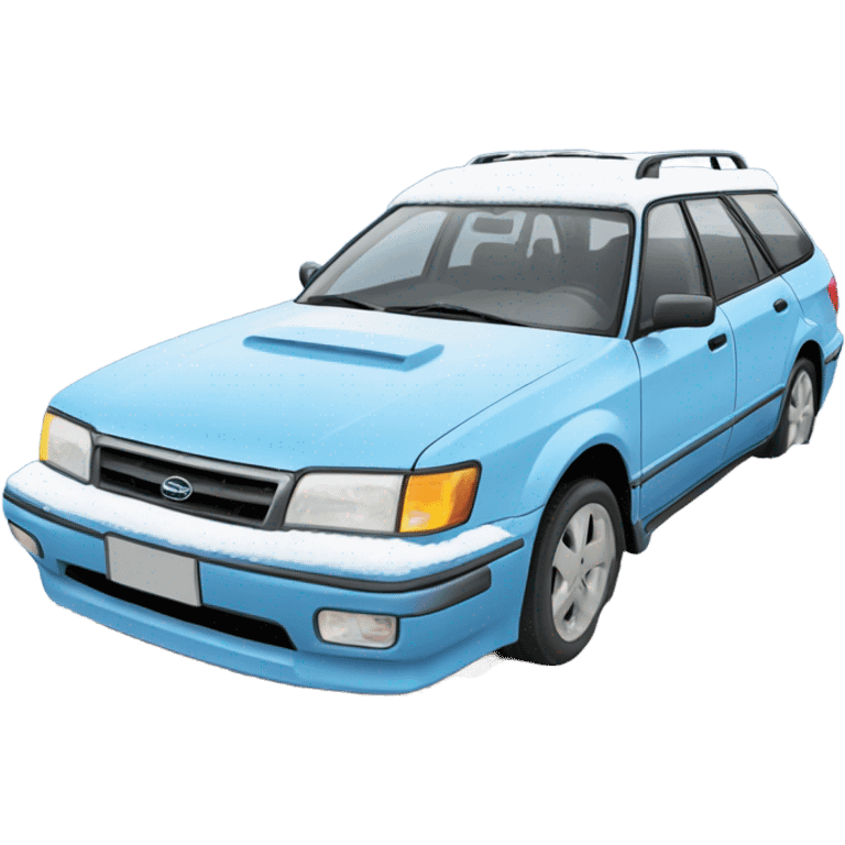 Light Blue 1990 Subaru legacy wagon stuck in a snow filled ditch emoji