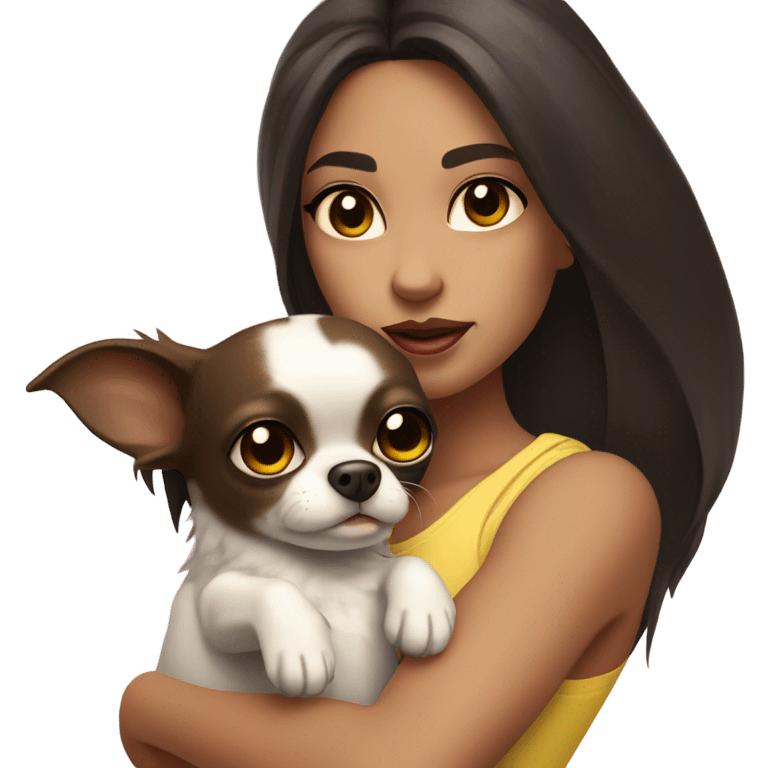 A girl with long very dark brown hair, big brown eyes, very big lips wearing a white singlet top, she is holding a small very chihuahua that is solid yellow emoji