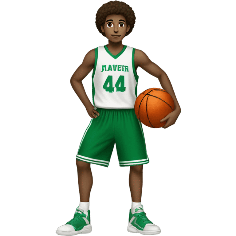 Afro light-skinned skinned male teenager in a green basketball uniform holding a basketball.  emoji