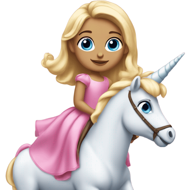 5 year old blonde girl blue eyes in a princess dress riding a big pink unicorn  emoji