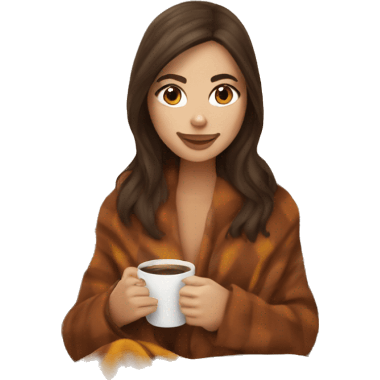 Brunette white girl covered in blanket autumn vibe sitting on a cozy chair holding coffee emoji