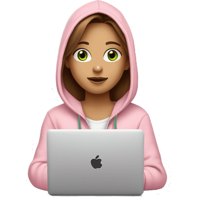 a girl with brown long hair, fair skin, green eyes, is working relaxed at a modern laptop in a monochrome pale pink zip hoodie with a hood and a pink monochrome T-shirt emoji