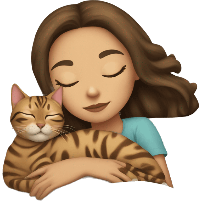 LIGHT skin brunette girl sleeping with bengal cat emoji