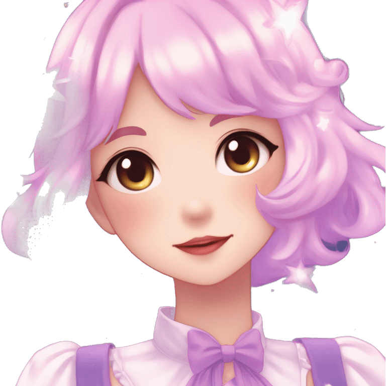 Gorgeous anime style lady blushing face dreamy idol model colorful shiny stars galaxy kawaii pastelcore cottagecore pearly petite simplistic aesthetic trending style emoji