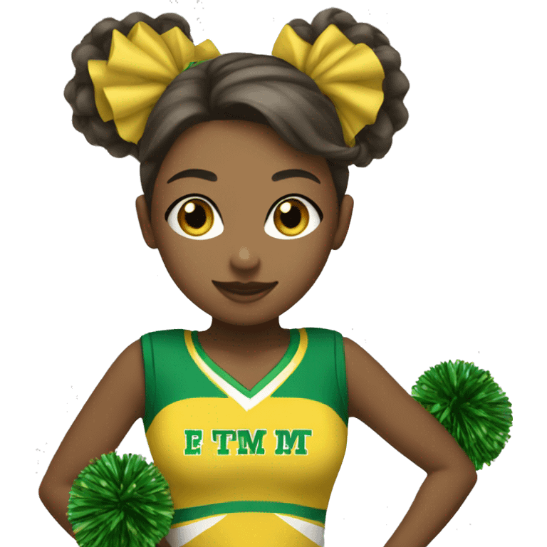 Cheerleader in greens and yellow uniform with pom poms emoji