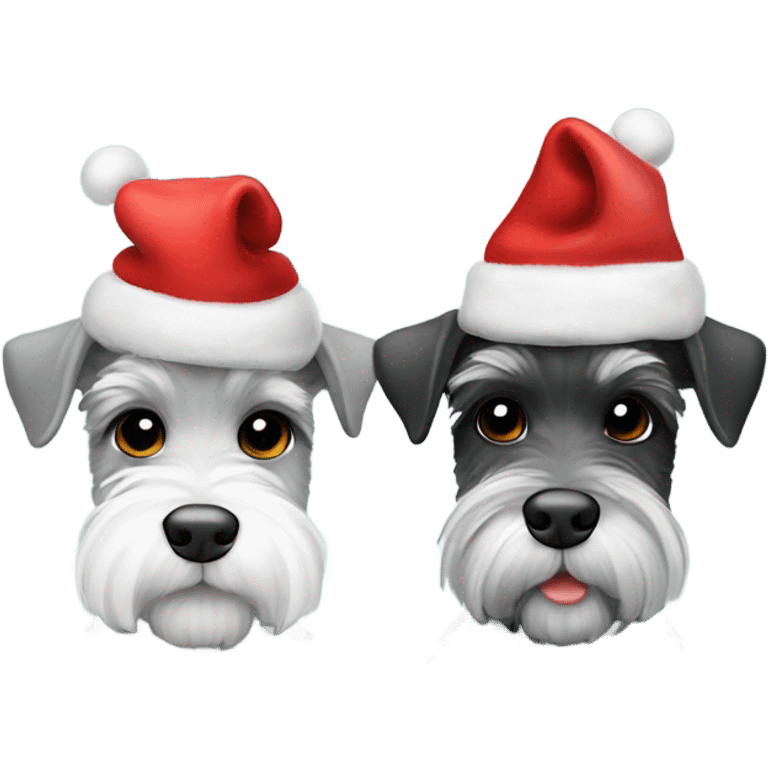 2 miniature schnauzers, 1 grey and one black and white, wearing Christmas hats with a heart in between them emoji