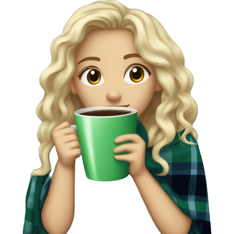 cute dirty blonde girl with green hazel wrapped in dark blue plaid blanket drinking coffeeemoji emoji