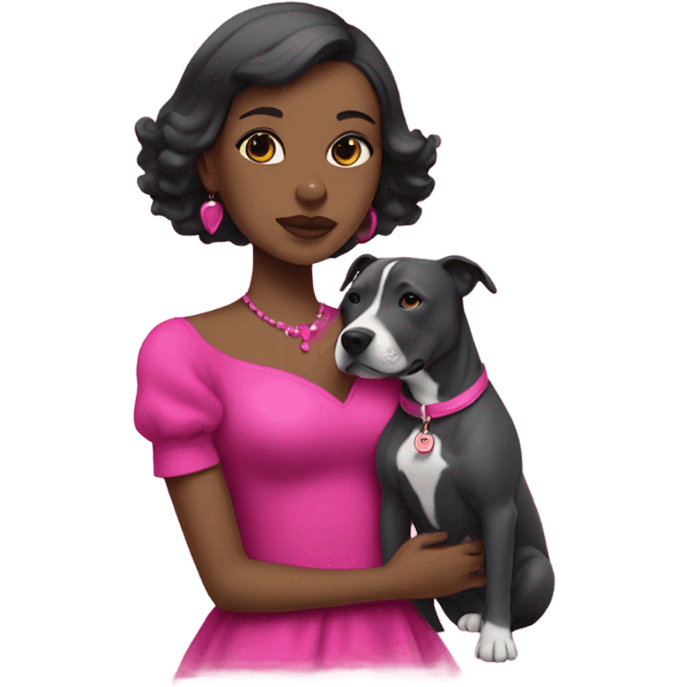 Black lady with black hair wearing hot pink dress hugging all grey pitbull with pink collar emoji