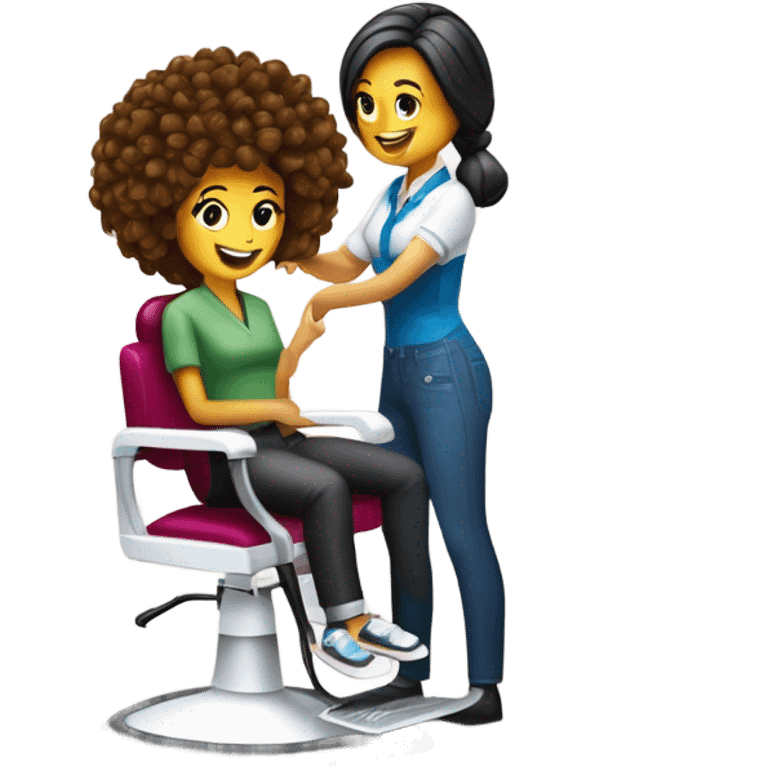 “Create an emoji depicting a hairdresser styling a client’s hair. The hairdresser is holding scissors or a comb, and the client is sitting on a chair. Include details such as the client’s hair and professional tools in the hairdresser’s hands.” emoji