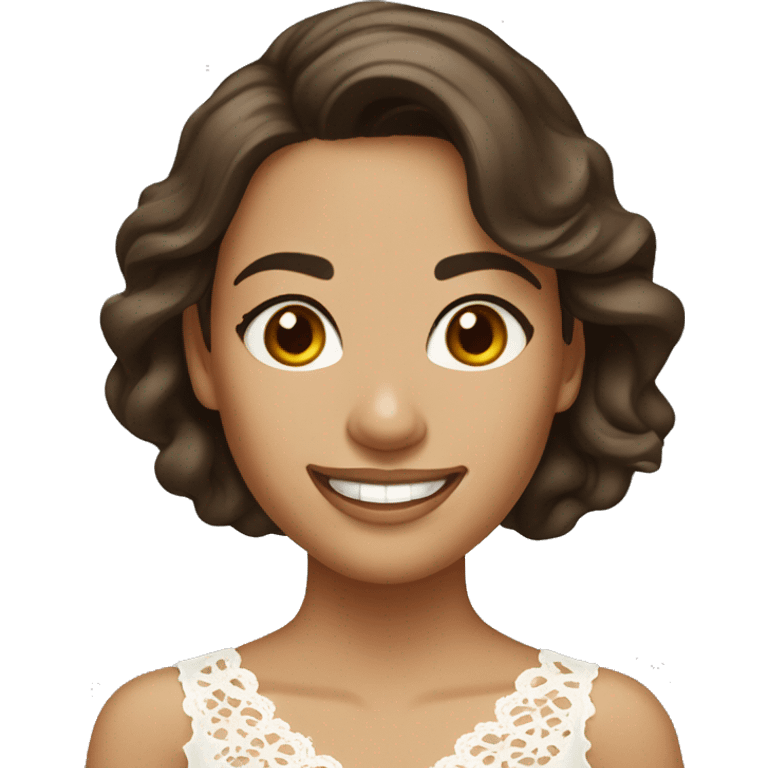 Adult woman with brown eyes, smiling, light tanned skin, long wavy dark brown hair, wearing a white lace dress. emoji