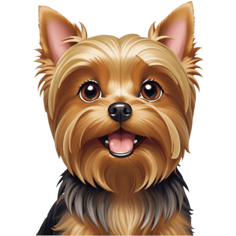 Cinematic Comical Yorkshire Terrier Portrait Emoji, Head tilted dramatically with an exaggeratedly surprised, comical expression and wide, expressive eyes, featuring a perky, well-groomed fur in rich hues, simplified yet hilariously detailed, glowing with a bold, sassy radiance, high shine, exuding playful mischief and cheeky terrier attitude, styled with a soft glowing outline, capturing the essence of a Yorkshire Terrier that appears ready to comically dash out of the frame! emoji