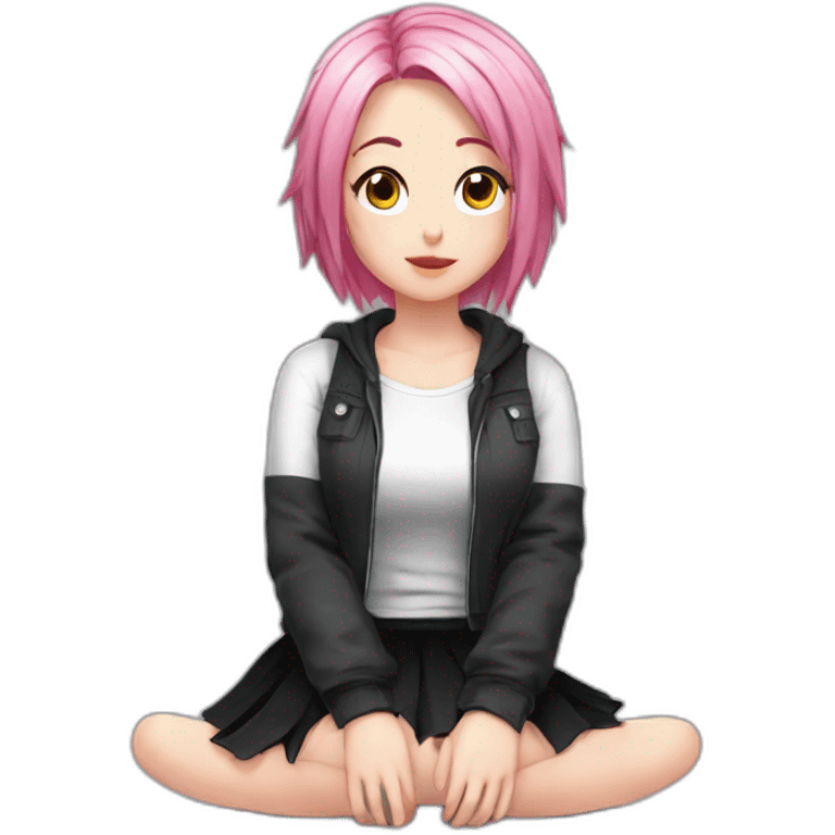 Full body Front view curvy emo girl pink hair sits on the floor straight view hands up black skirt белые трусики emoji