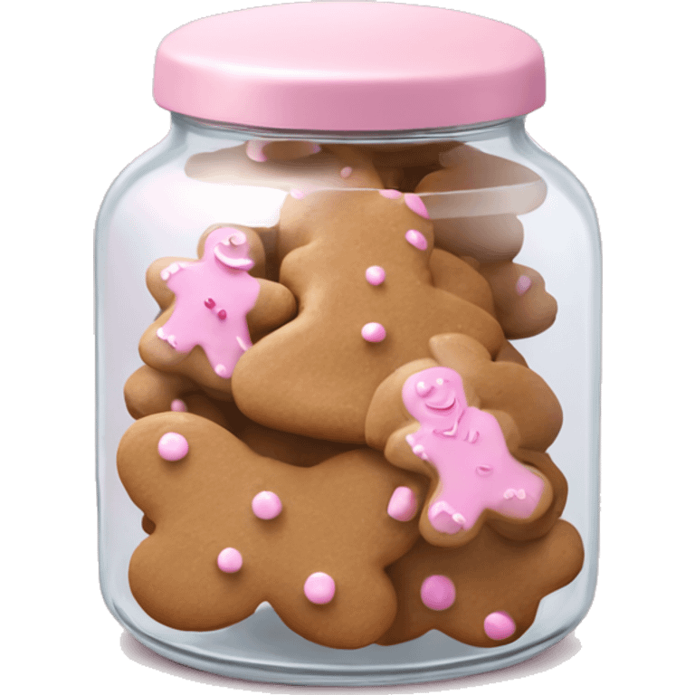 Realistic glass cookie jar with light pink lid full of gingerbread cookies isolated.  emoji