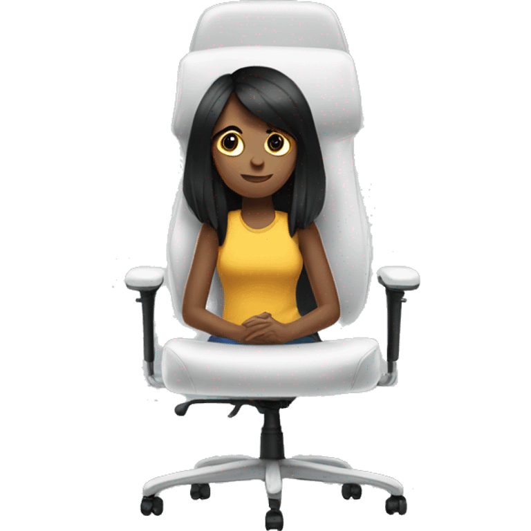 white (black hair) girl on a big gaming chair thinking  emoji