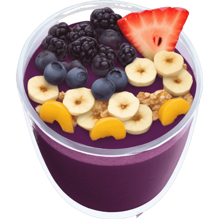 Açaí in a clear cup with layers of fruits and granola and condensed milk emoji