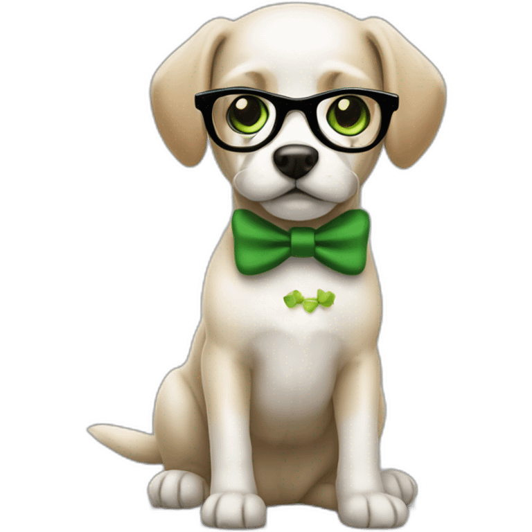 medium-bege-and-white-dog-with-green-eyes-and-black-glasses-and-green-bow emoji