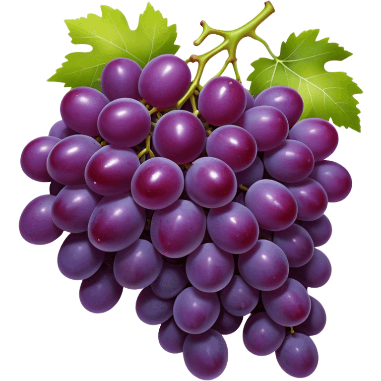 Cinematic Realistic Grapes Emoji, Clustered together in rich purple hues, with smooth, plump skins reflecting light in a glossy, delicate sheen. The stems curve slightly, holding the clusters together like a sweet, natural treasure. Soft glowing outline, capturing the essence of natural sweetness and richness in a bunch of ripe grapes! emoji