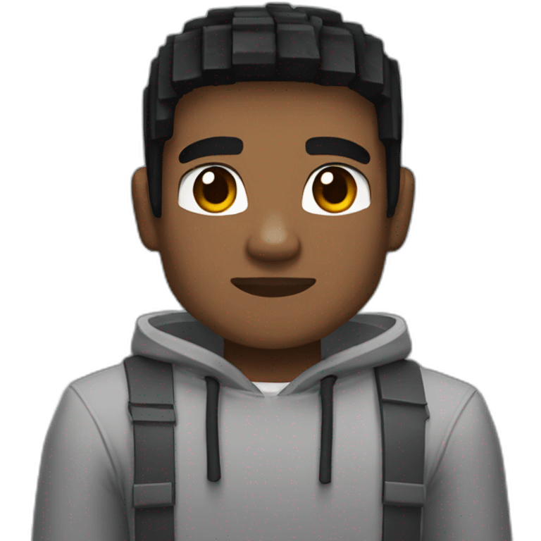 young black-hair man with brown eyes dressed in a gray minecraft hoodie emoji