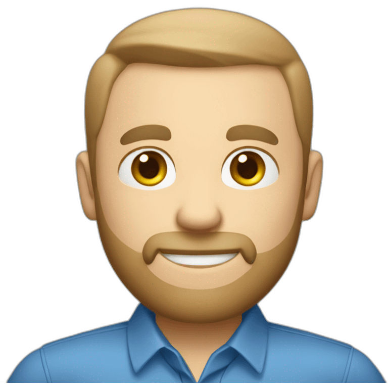 caucasian male with small beard and almost bald smart casual blue shirt holding papers emoji