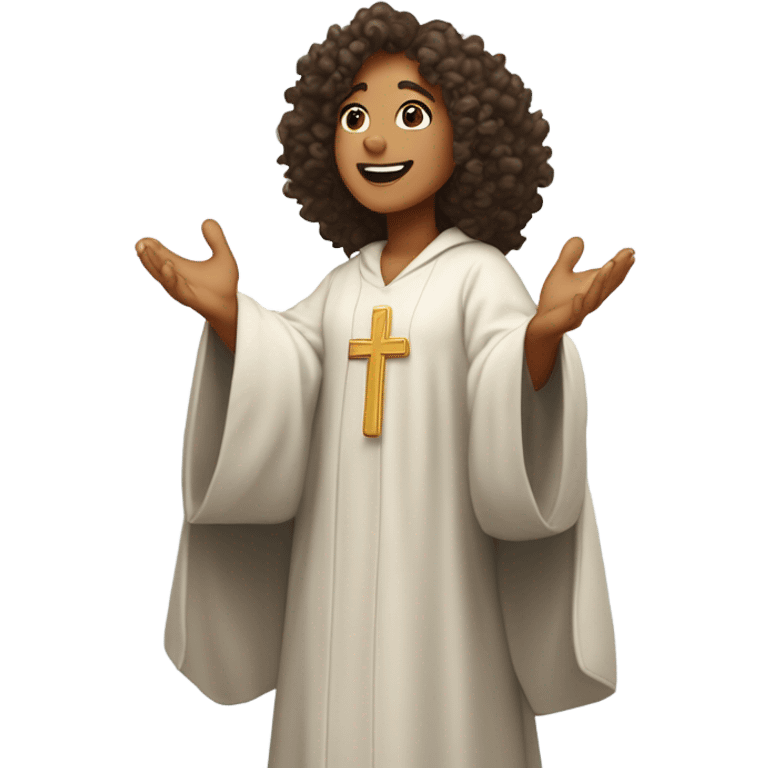 Curly-haired biracial woman preacher wearing a catholic robe, praising the lord in the sky  emoji