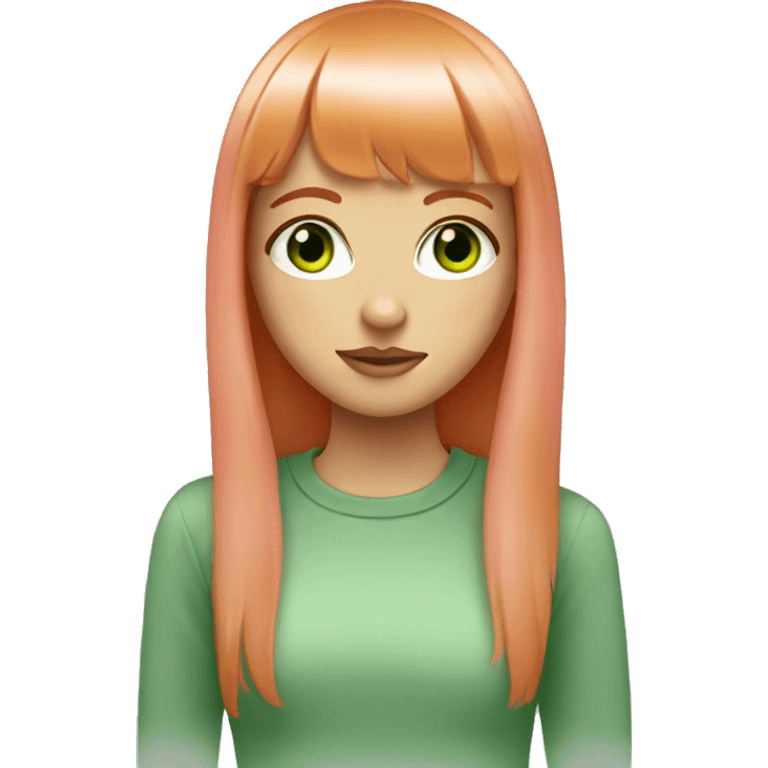 ginger girl, green eyes eyes, shoulder lenght straight hair with bangs, wearink pink  emoji