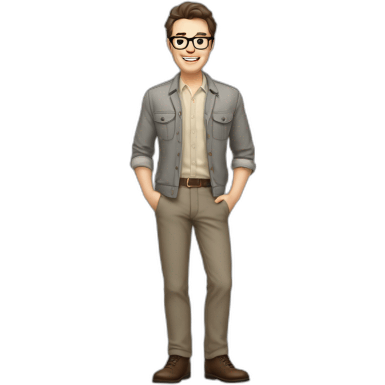 Joyful Full height Pale skinned Fit Man With dark brown hair in gray jacket, beige office shirt, Brown pants and vintage glasses. His thrumbs up emoji