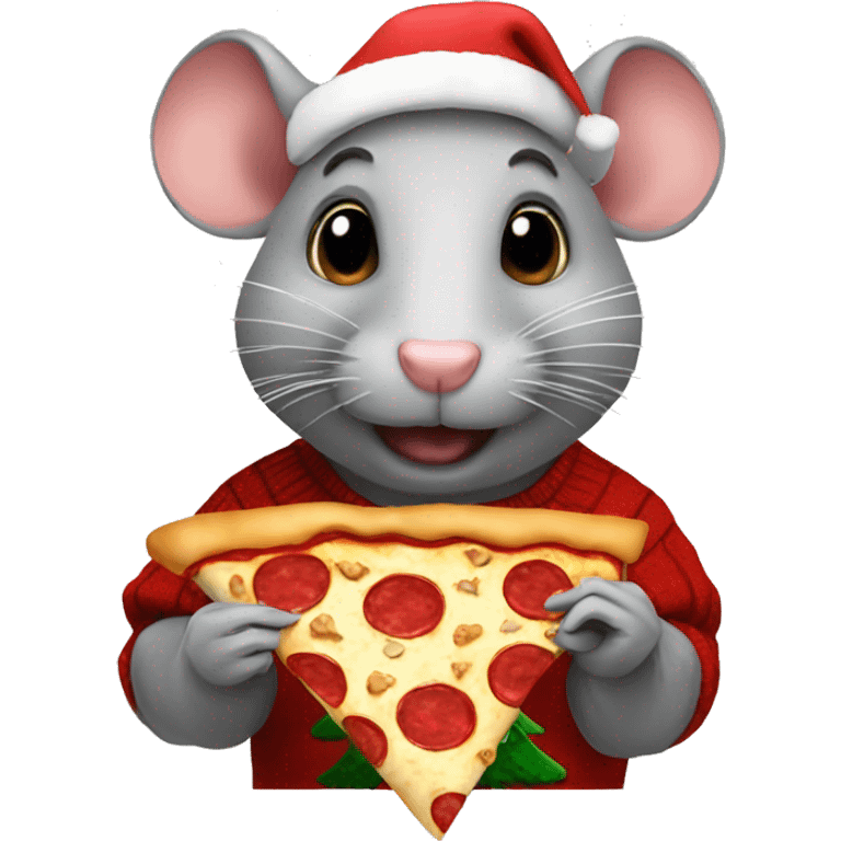 Rat wearing a Christmas sweater while eating a pizza emoji