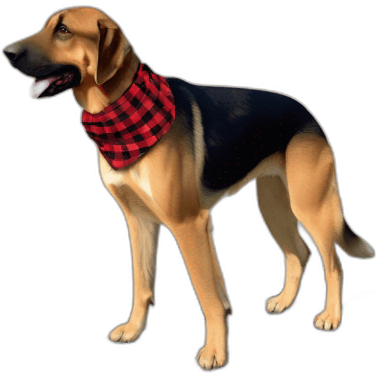 adult 75% Coonhound 25% German Shepherd mix dog with visible tail wearing small pointed red buffalo plaid bandana full body walking left quickly emoji