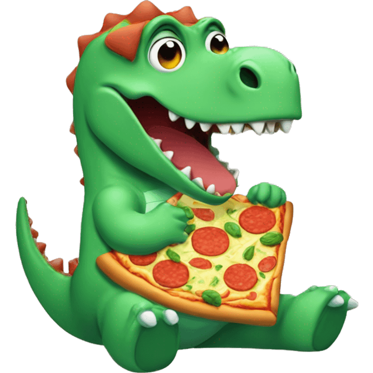 Green dinosaur eating a pizza whilst wearing pyjamas and fluffy white slippers emoji