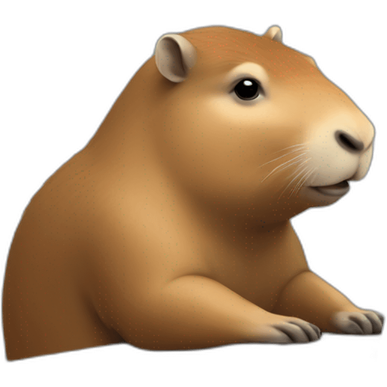 capybara is sitting at a table, typing in front of a computer emoji